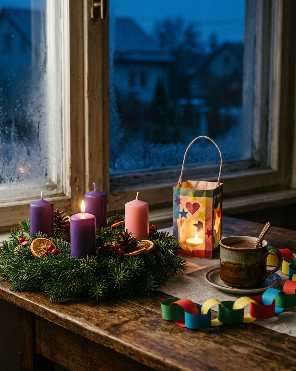 Grudniowy poranek przy oknie: wieniec adwentowy z jedliny z czterema świecami, trzema fioletowymi i jedną różową, obok papierowy lampion na roraty i kubek kakao.
