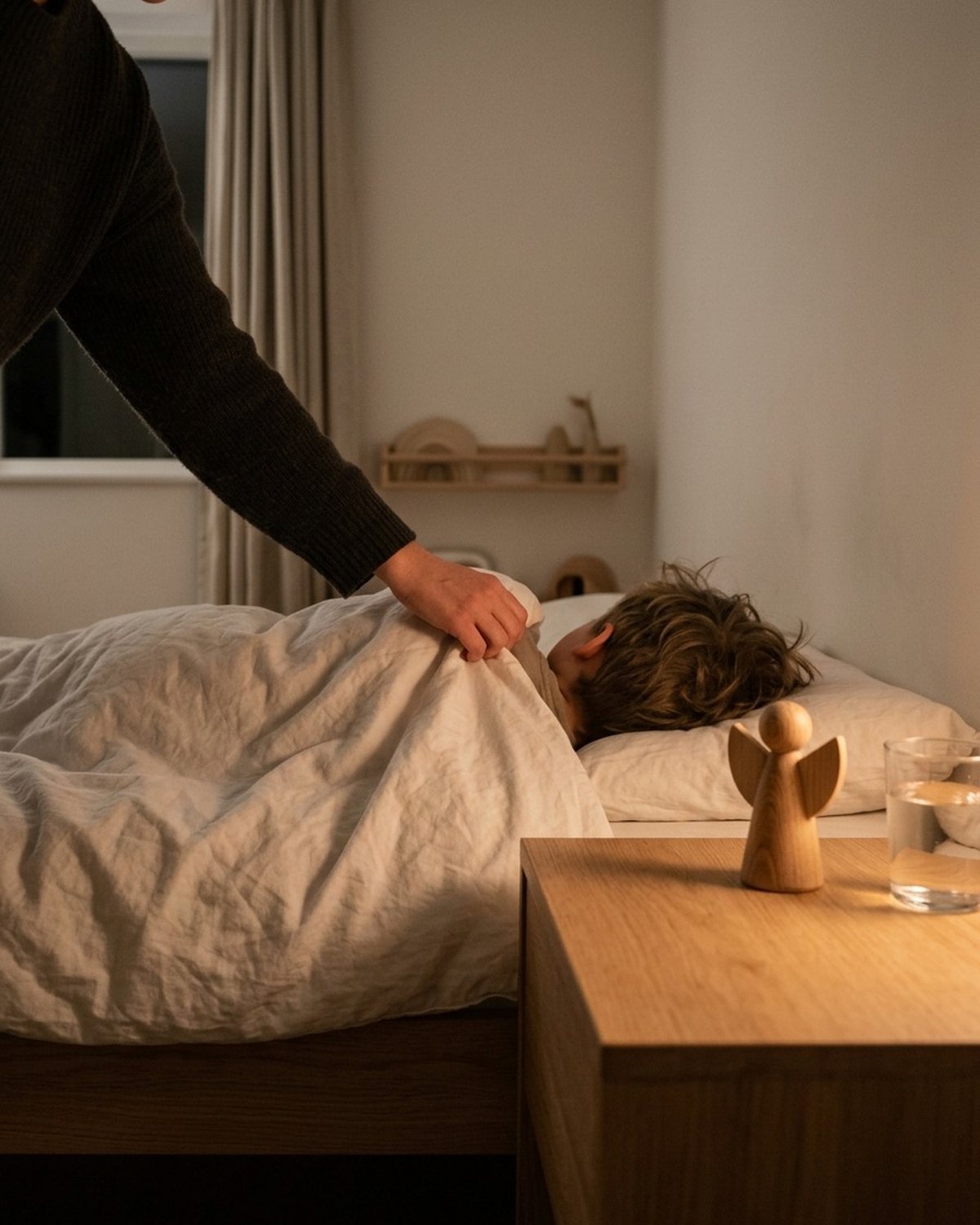 Noc w jasnym pokoju dziecka: dziecko śpi pod białą kołdrą, rodzic poprawia ją ręką, na dębowej szafce nocnej stoi mała drewniana figurka anioła i szklanka wody.