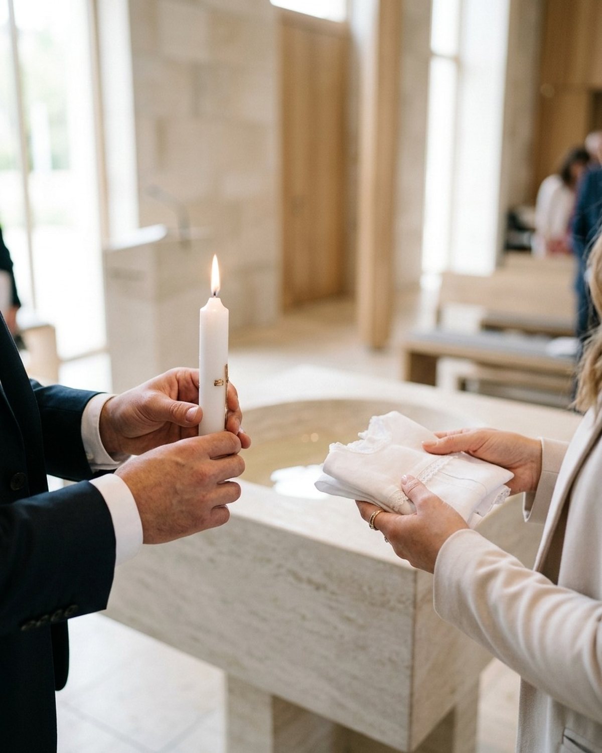 Jasny kościół podczas chrztu: dłonie ojca chrzestnego trzymają zapaloną białą świecę, dłonie matki chrzestnej białą szatkę, w tle kamienna chrzcielnica.