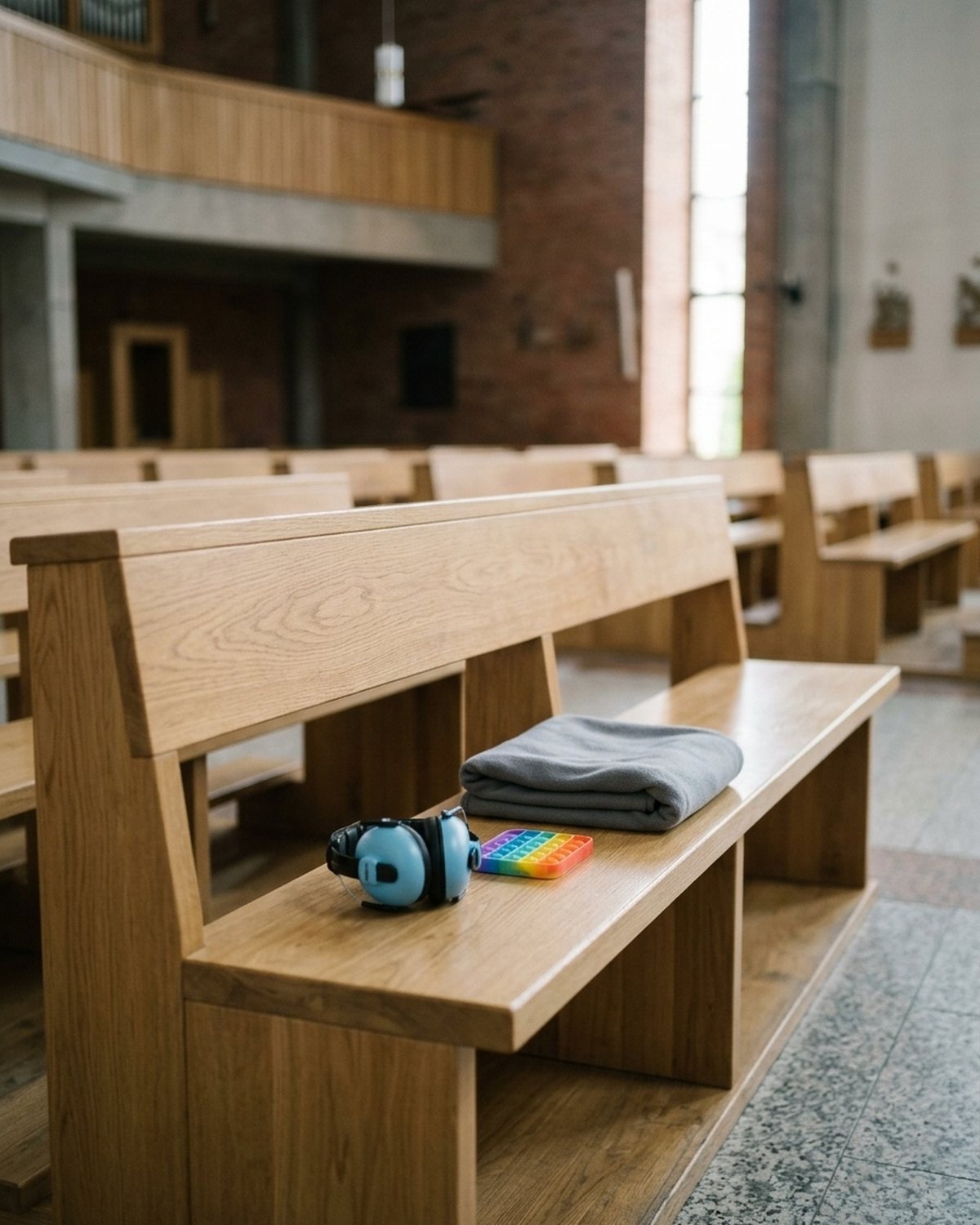 Pusta dębowa ławka w jasnym, nowoczesnym kościele w porannym świetle: leżą na niej małe dziecięce słuchawki wyciszające, kolorowa silikonowa zabawka sensoryczna z bąbelkami do wciskania i złożony szary kocyk.