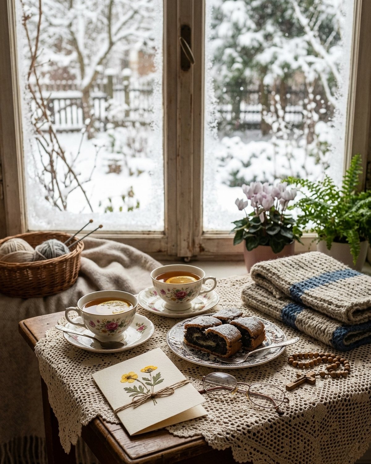 Styczniowe popołudnie przy oknie z widokiem na ośnieżony ogród: dwie porcelanowe filiżanki herbaty, makowiec, ręcznie zrobiona laurka z suszonym kwiatkiem, wełniany szal i drewniany różaniec na koronkowym obrusie.