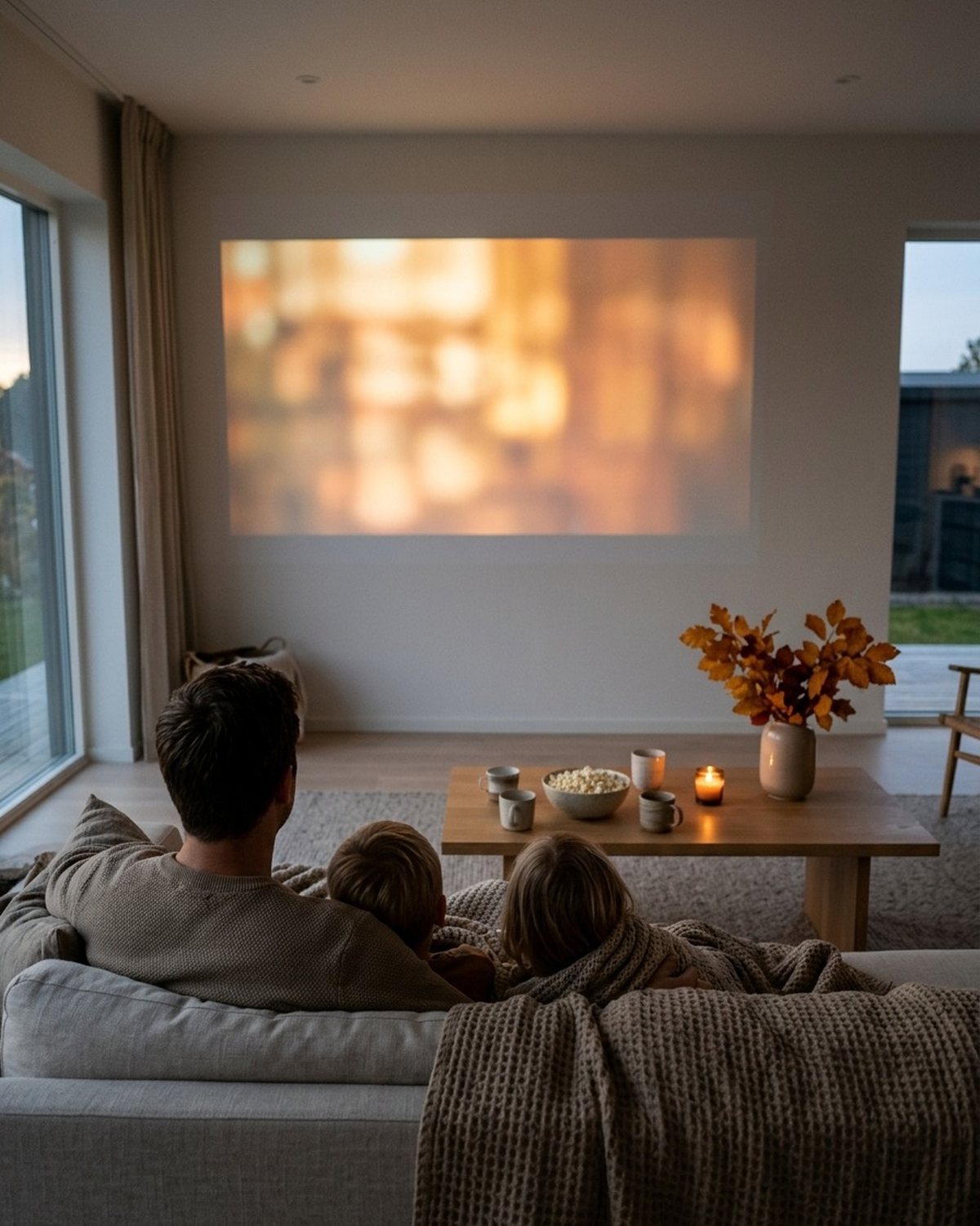 Wieczór w jasnym salonie: rodzic i dwoje dzieci na lnianej sofie, widziani od tyłu, oglądają film wyświetlany na ścianie; na stoliku miska popcornu, kubki, świeca i jesienne liście w wazonie.