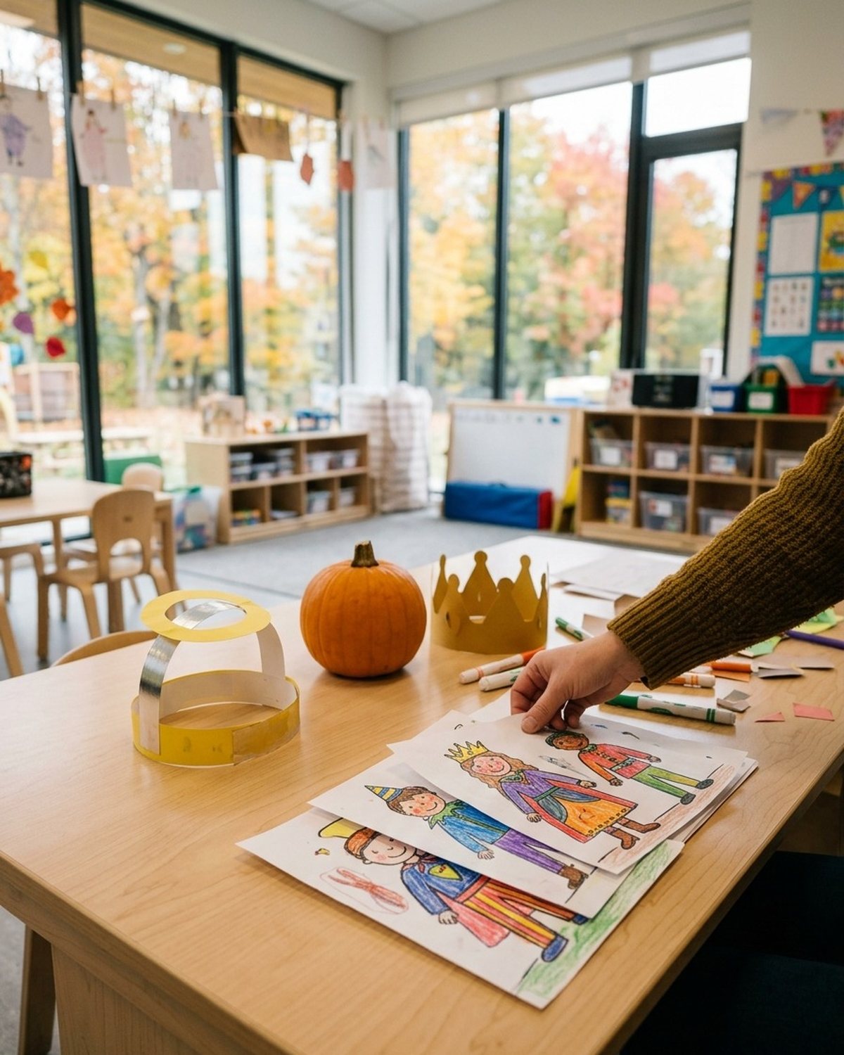 Jasna klasa pod koniec października: na ławce mała dynia bez wyciętej twarzy, złota papierowa korona, aureola z papieru i dziecięce rysunki postaci w przebraniach; dłoń nauczycielki je układa.