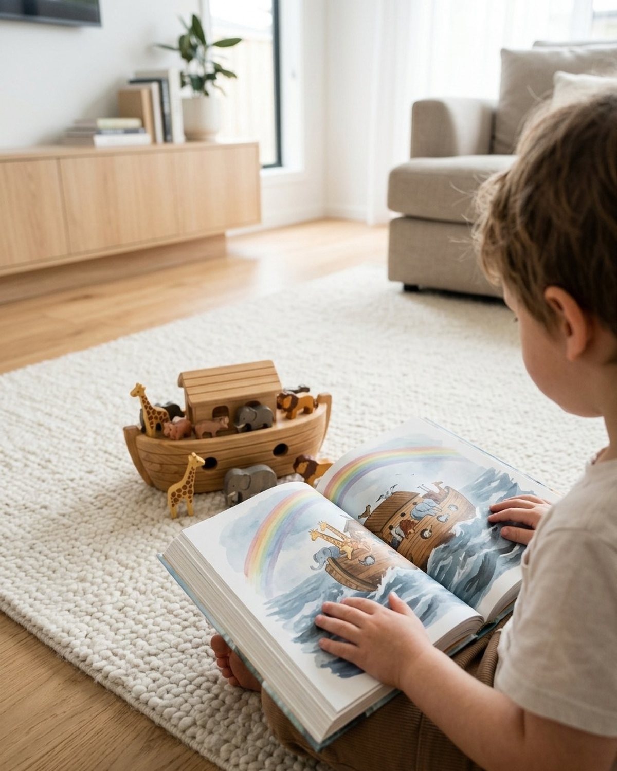 Dziecko siedzi na dywanie w jasnym salonie z otwartą ilustrowaną Biblią dla dzieci na kolanach, na obrazku arka Noego; obok drewniana zabawkowa arka ze zwierzętami.