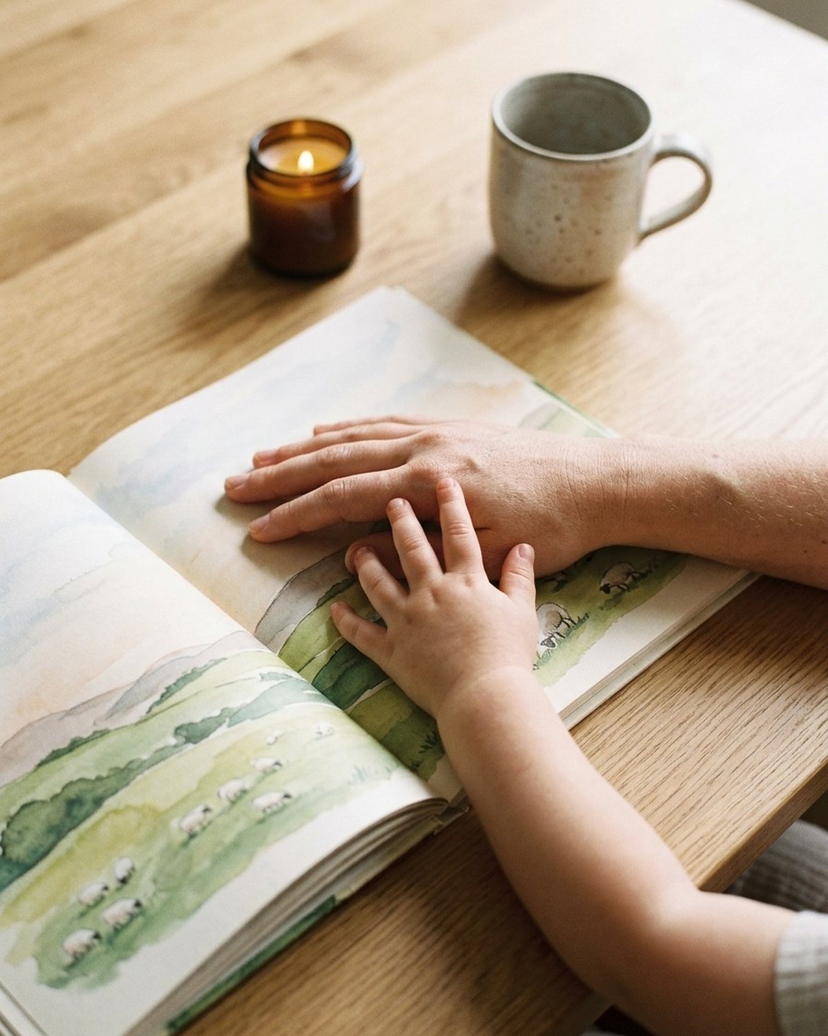 Na jasnym dębowym stole w kuchni leży otwarta ilustrowana Biblia dla dzieci, na jej stronach spoczywają obok siebie dłoń dorosłego i mniejsza dłoń dziecka; obok kubek i mała zapalona świeczka w porannym świetle z okna.