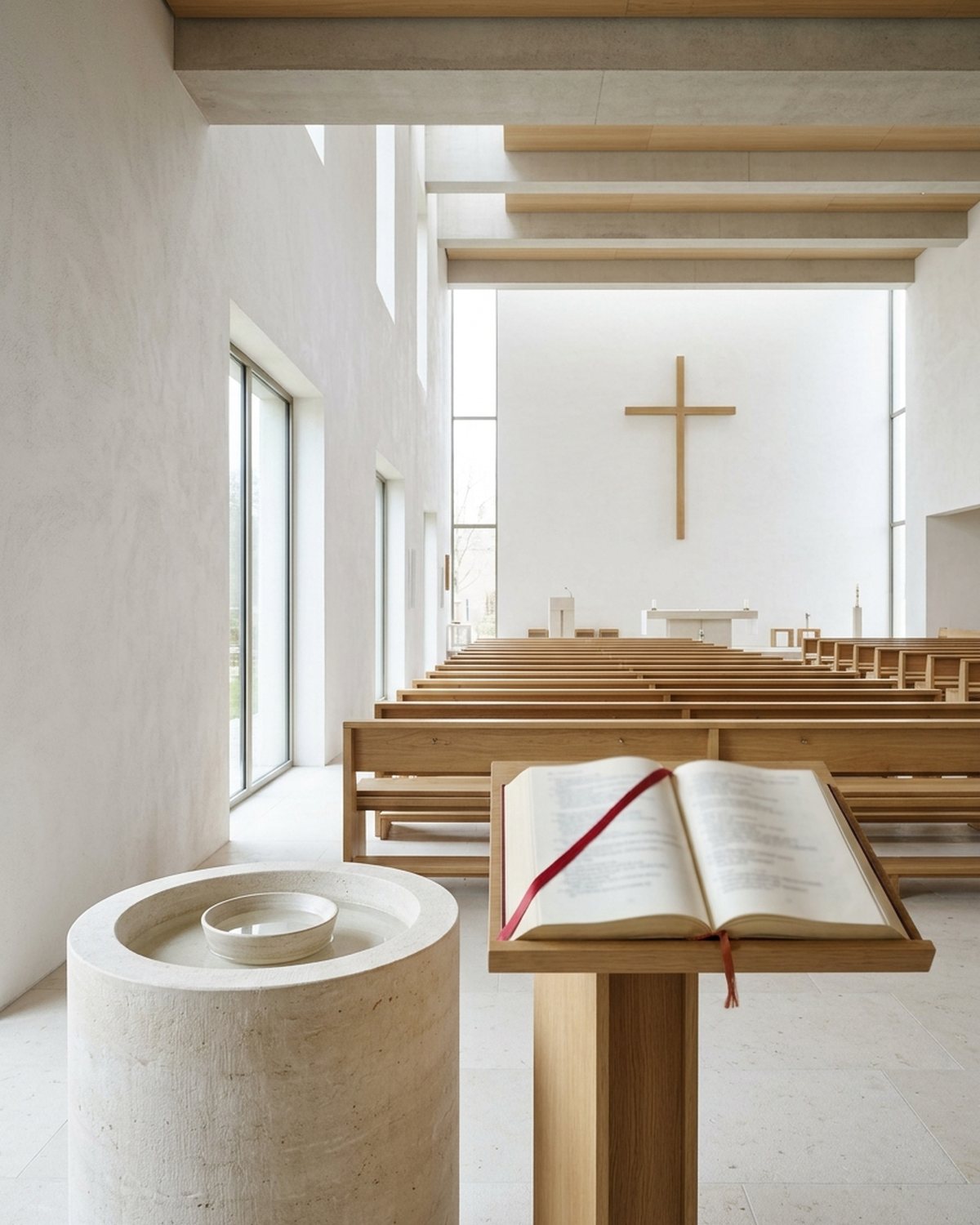 Wnętrze jasnego, nowoczesnego kościoła w dziennym świetle: na drewnianym pulpicie otwarta Biblia z czerwoną wstążką, w głębi kamienna chrzcielnica i wysokie okna, bez ludzi.