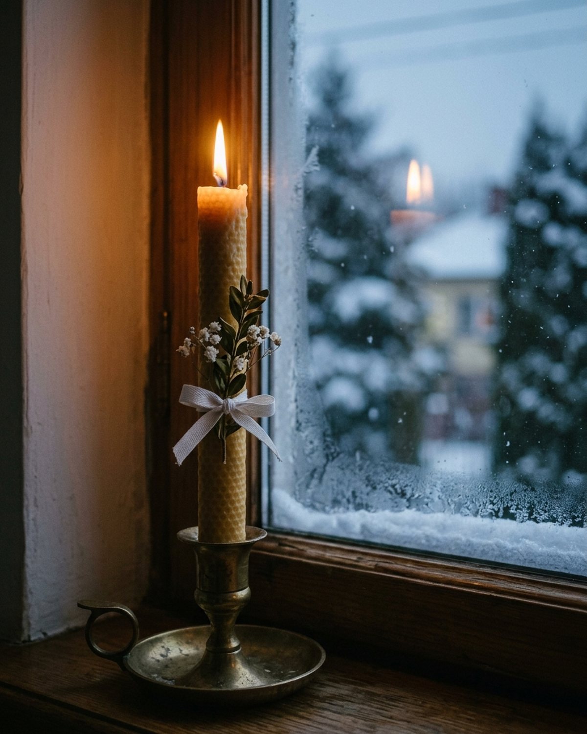 Wysoka świeca gromniczna z pszczelego wosku z białą wstążką i suszonymi kwiatami, zapalona w mosiężnym lichtarzu na parapecie; za oszronioną szybą zimowy wieczór.