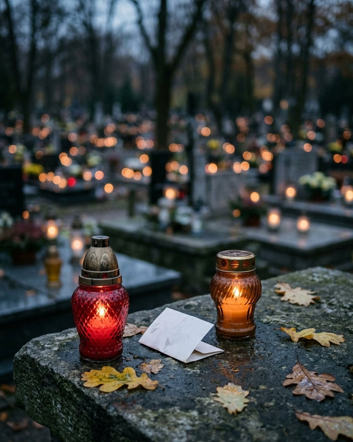 Zmierzch na polskim cmentarzu na początku listopada: na kamiennej płycie grobu stoją dwa zapalone szklane znicze, obok leży mała złożona papierowa karteczka i kilka żółtych i brązowych jesiennych liści, w tle rozmyte światła innych zniczy.