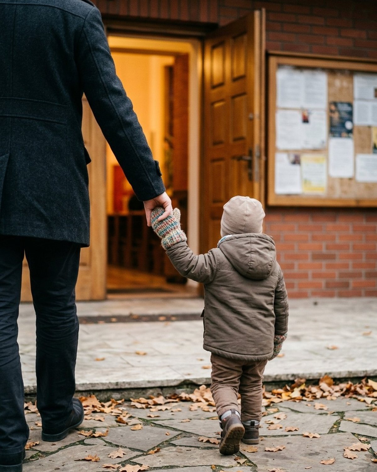 Jasny przedsionek nowoczesnego kościoła w dzienne światło: na drewnianej tablicy ogłoszeń wisi kartka z porządkiem Mszy na weekend, obok dłoń dorosłego trzyma małą dłoń dziecka w granatowej rękawiczce, widać tylko ręce i rękawy kurtek.