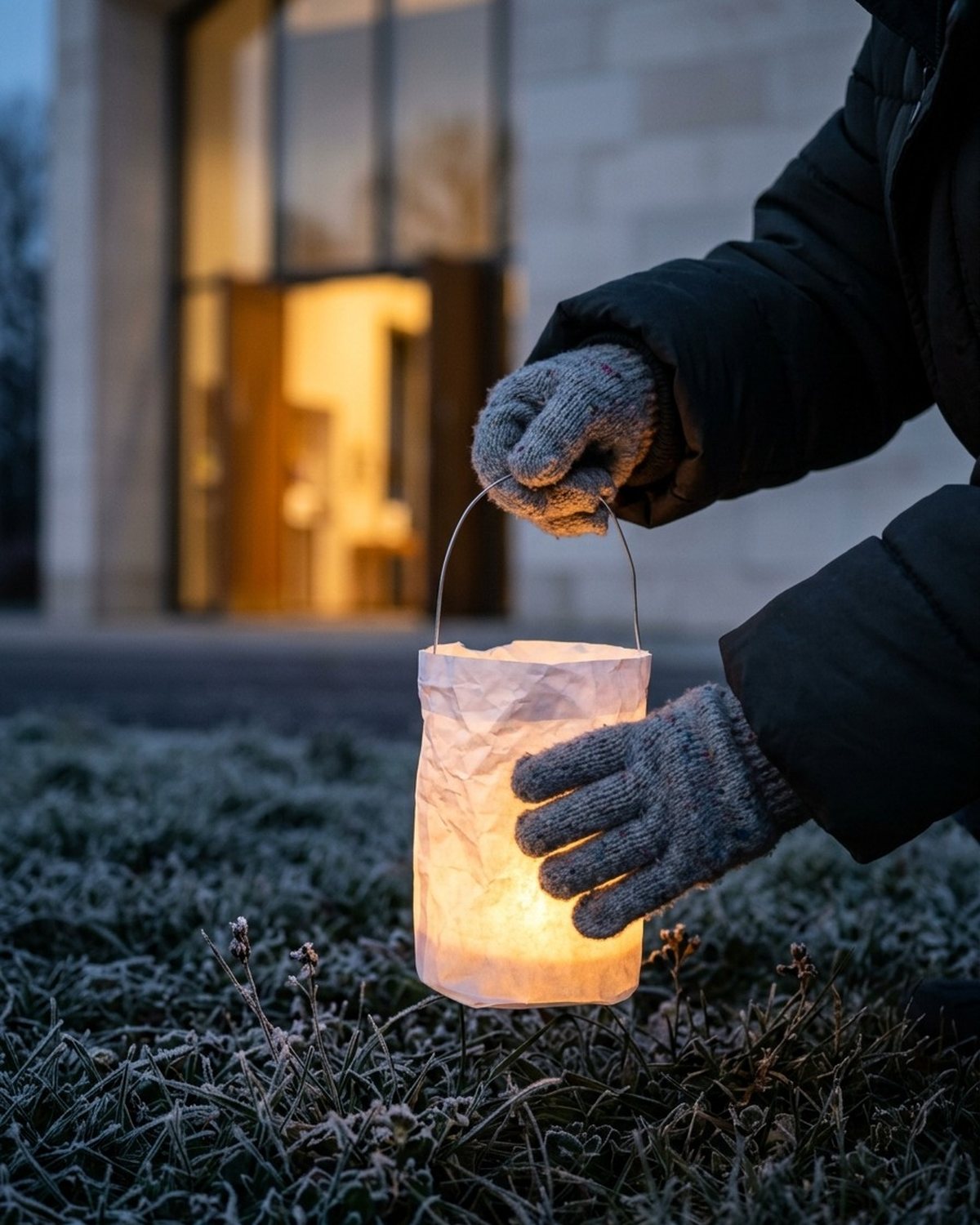 Ciemny grudniowy poranek przed nowoczesnym kościołem: dłonie dziecka w rękawiczkach trzymają papierowy lampion z lampką LED, w tle rozmyte światło otwartych drzwi kościoła i szron na trawie.
