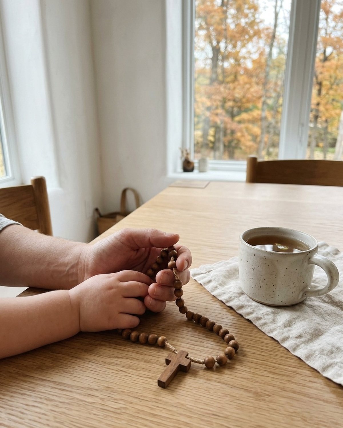 Dłoń dziecka i dłoń dorosłego trzymają ten sam drewniany różaniec na dębowym stole przy dużym oknie z jesiennymi drzewami, obok kubek herbaty.