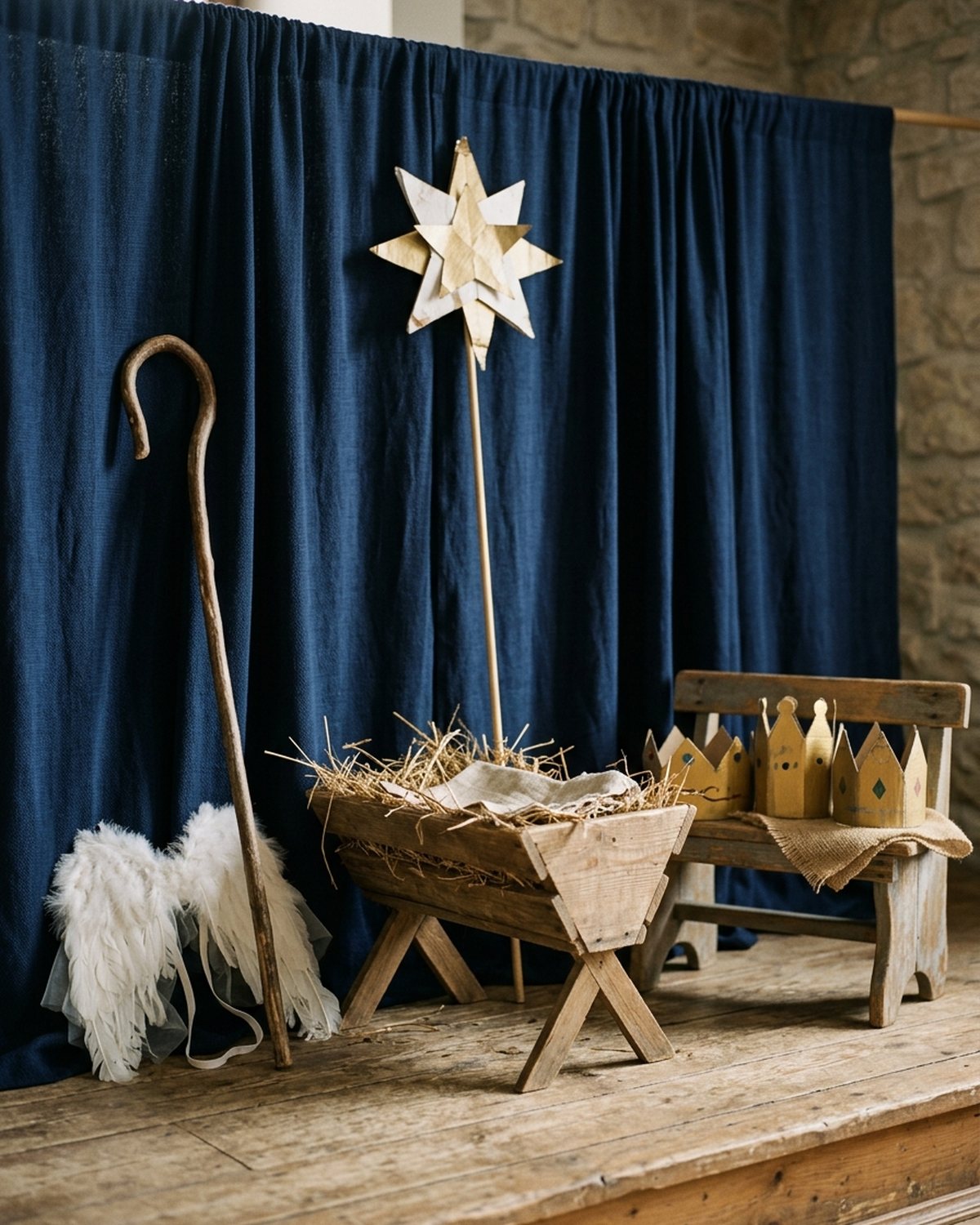 A small wooden stage before a nativity play: a rustic manger filled with straw and a white cloth, a paper star on a tall stick, a shepherd's crook, white feather angel wings on the floor and three gold cardboard crowns on a bench, against a navy-blue curtain.