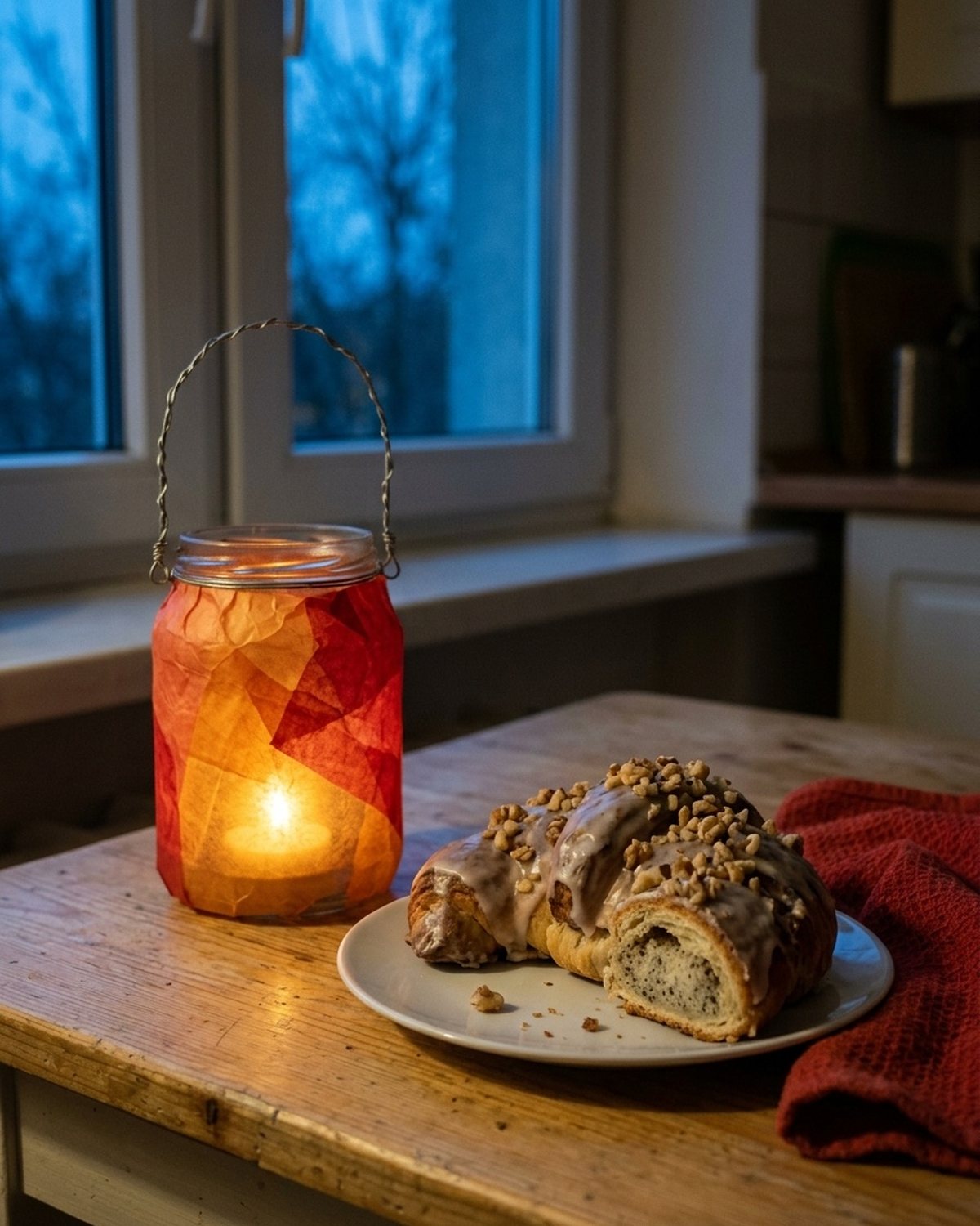 Jasny drewniany stół o zmierzchu: domowy lampion ze słoika oklejonego pomarańczową i czerwoną bibułą świeci ciepło od świeczki LED, obok na małym talerzyku leży jeden rogal w kształcie półksiężyca z białym makowym nadzieniem i złożona czerwona tkanina.