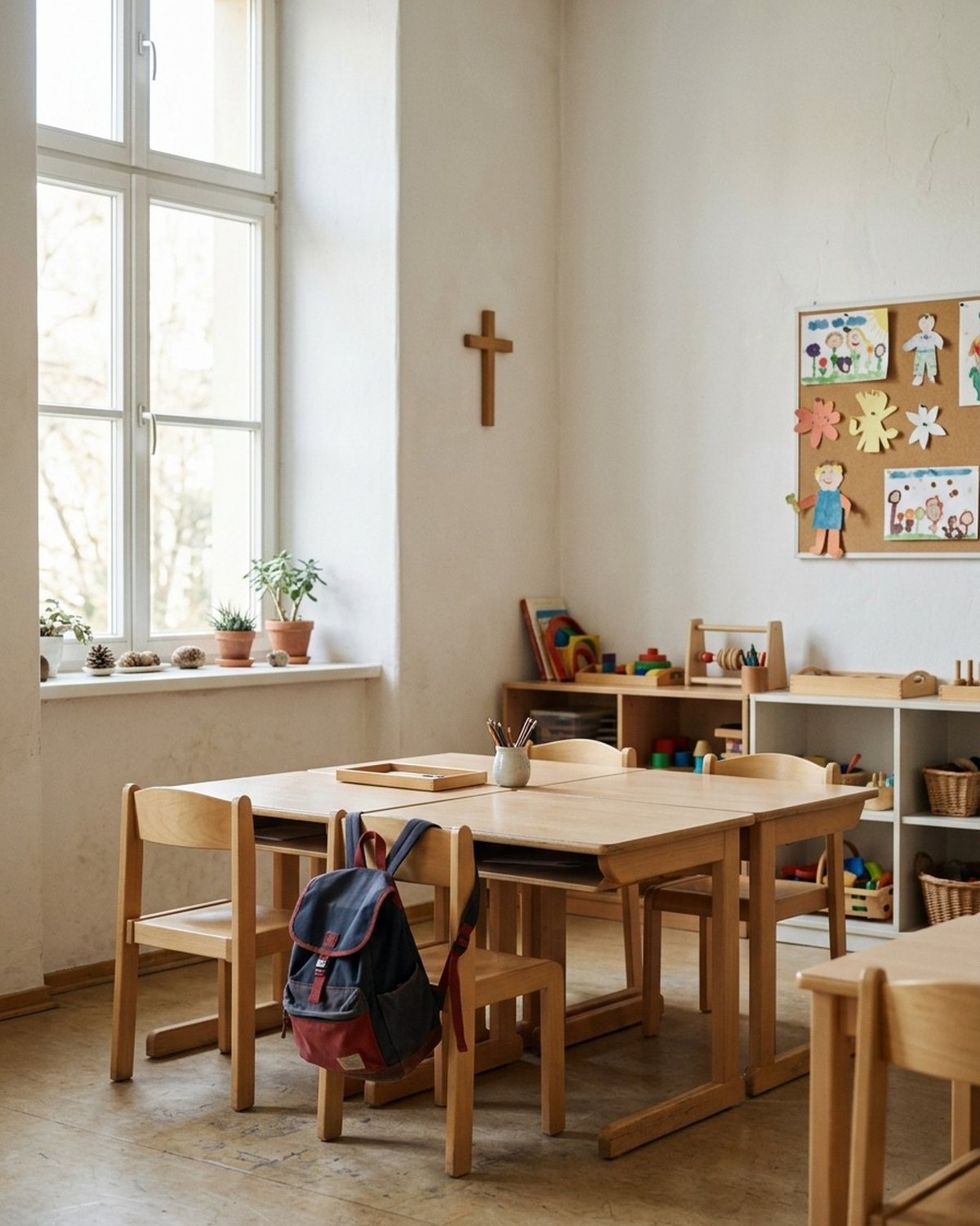 Słoneczny kąt pustej klasy: niskie ławki z jasnego drewna, na krześle dziecięcy plecak, na białej ścianie prosty drewniany krzyż.