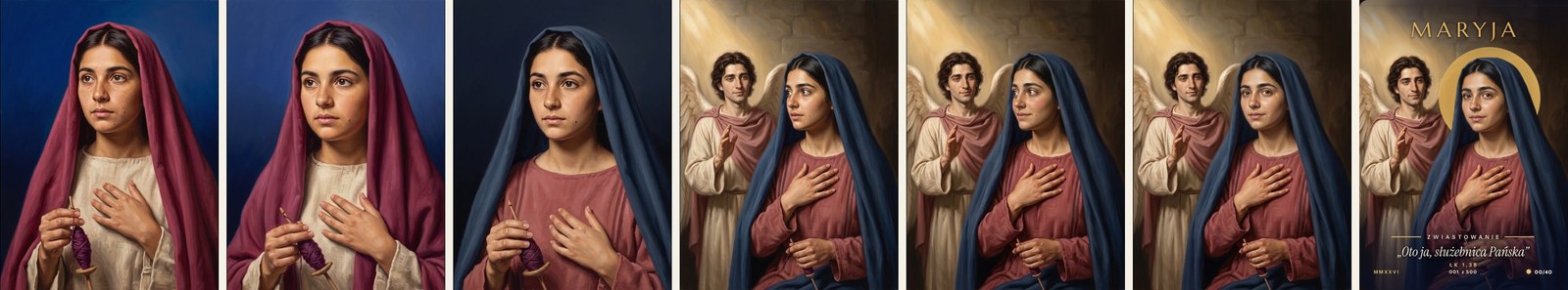 Kolejne wersje ilustracji Maryi, od portretu w czerwonym welonie do sceny Zwiastowania z archaniołem Gabrielem, i gotowa karta
